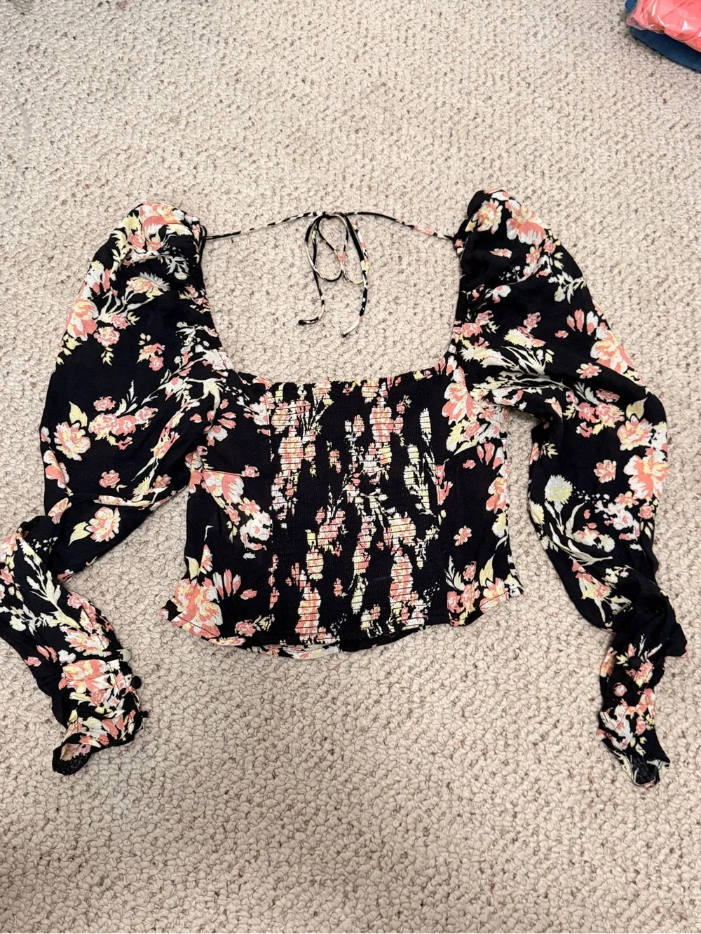 Free People NWT Hillary Top Floral Milkmaid Puff Sleeve Lace Up Crop Top XS